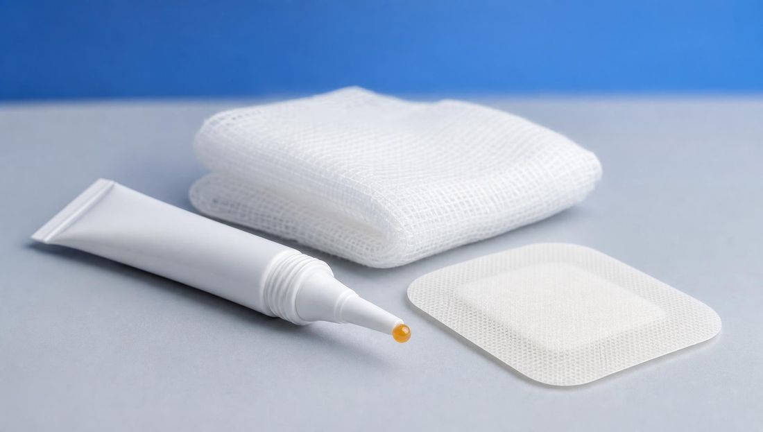 Sterilni medicinski med u neutralnom aplikatoru uz neoznačenu oblogu i gazu na čistoj kliničkoj podlozi, bez rane, teksta i logotipa.