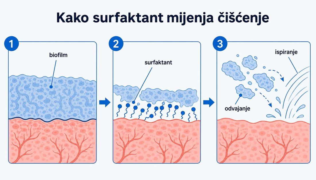Tri koraka djelovanja surfaktanta na biofilm: čvrsto priljubljen biofilm na tkivu, molekule surfaktanta koje se uvlače ispod njega i odvajanje razlomljenog biofilma koji se zatim ispire.