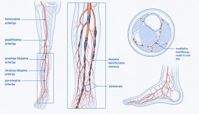 Shema arterijskog stabla noge s prikazom distalnog obrasca bolesti: očuvane femoralna i poplitealna arterija, a duge kalcificirane stenoze i okluzije na tibijalnim i peronealnoj arteriji te medijalna kalcifikacija malih žila.