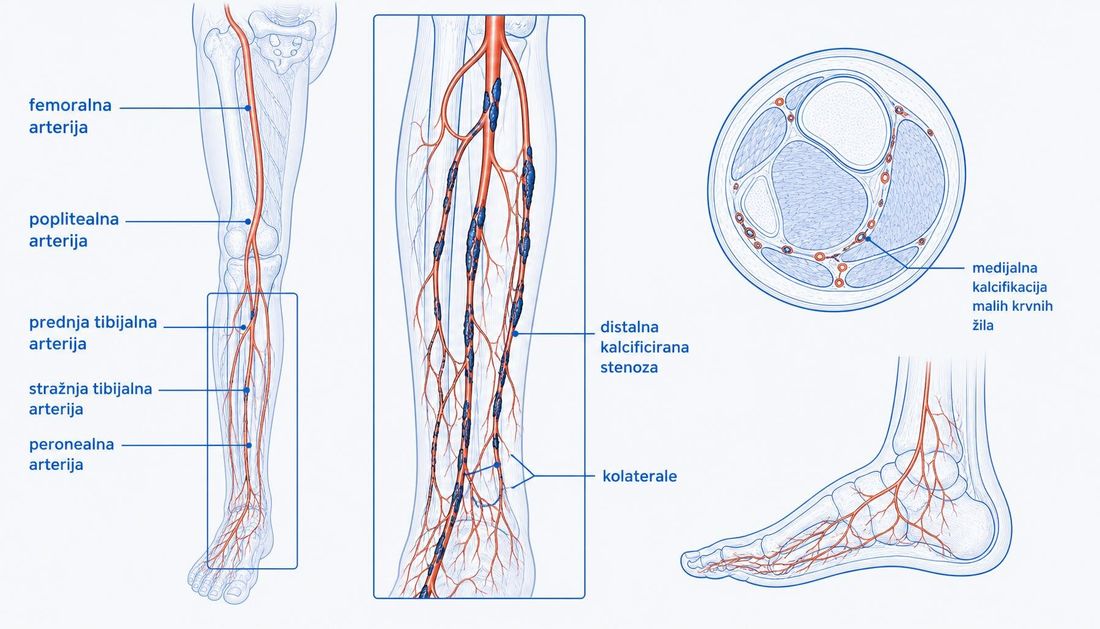 Shema arterijskog stabla noge s prikazom distalnog obrasca bolesti: očuvane femoralna i poplitealna arterija, a duge kalcificirane stenoze i okluzije na tibijalnim i peronealnoj arteriji te medijalna kalcifikacija malih žila.