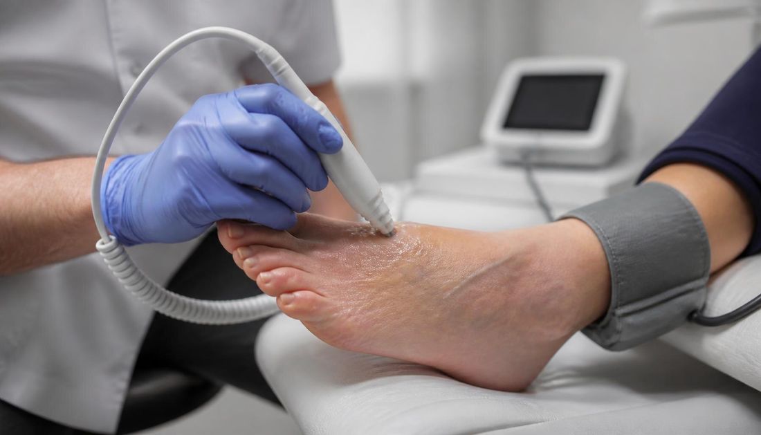 Klinička fotografija: ruke u rukavicama drže ručni Doppler s gelom na dorzumu stopala starije osobe, na gležnju je manžeta za mjerenje tlaka.