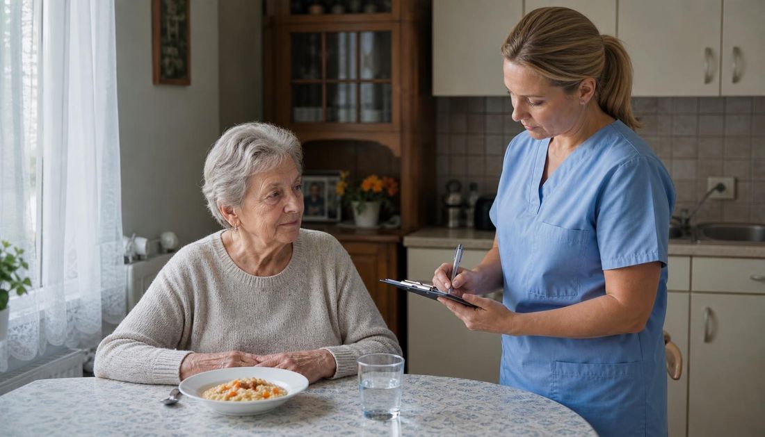 Starija žena sjedi za kuhinjskim stolom pred tanjurom mekane hrane i čašom vode, a medicinska sestra u kućnoj skrbi uz nju bilježi procjenu unosa na obrazac.
