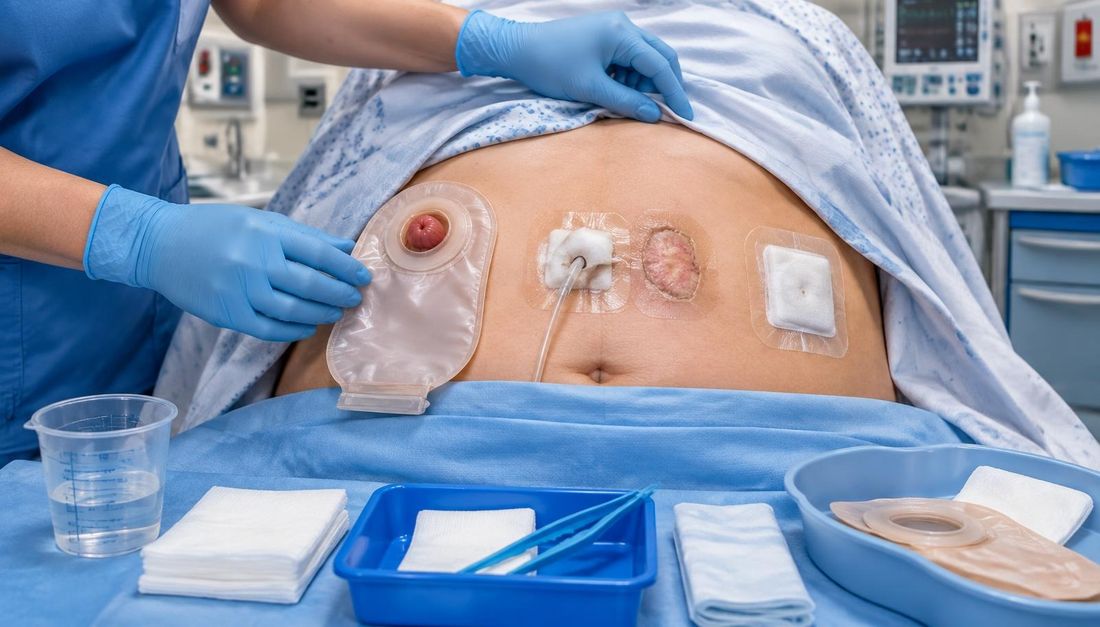 Medicinska sestra uspoređuje stomu, otvor uz ranu i zaštićeno mjesto na koži trbuha