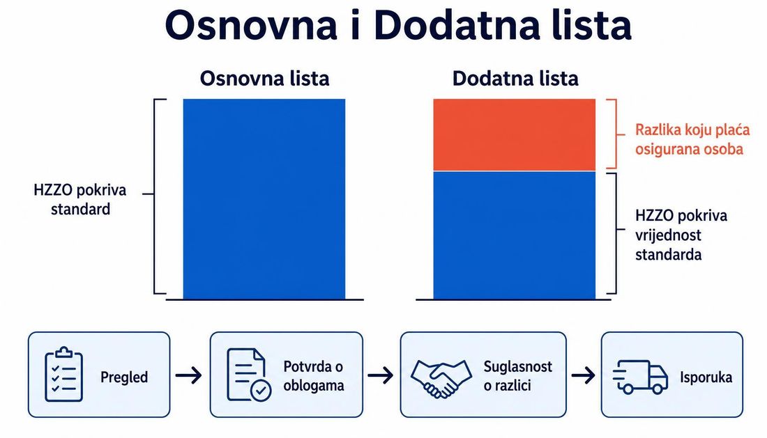 Usporedba Osnovne i Dodatne liste: kod Osnovne liste cijeli stupac pokriva Zavod, a kod Dodatne liste Zavod pokriva vrijednost standarda dok gornji dio stupca označava razliku koju plaća osigurana osoba, uz tok pregled, potvrda o oblogama, suglasnost o razlici i isporuka.