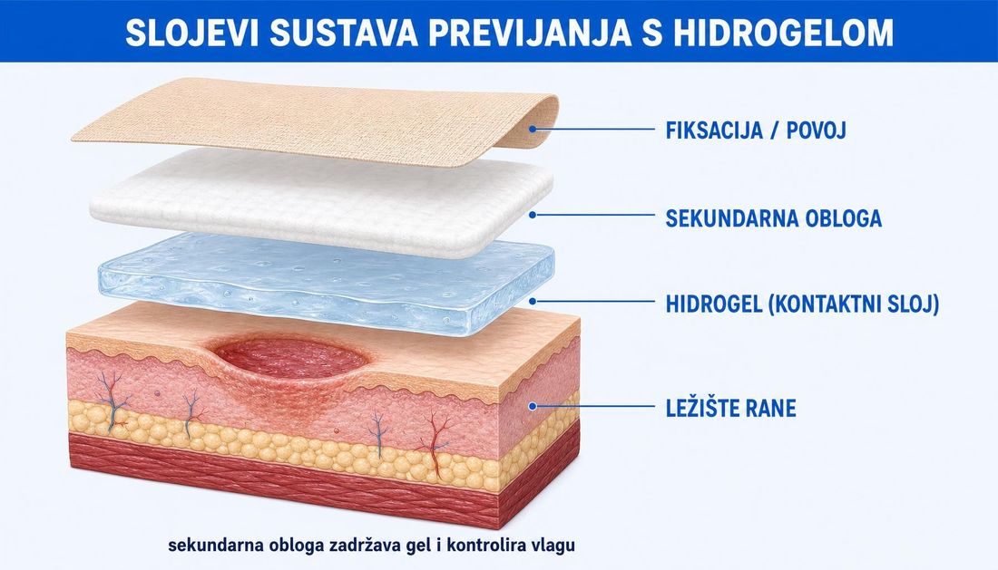 Rastavljeni prikaz slojeva previjanja: ležište rane, hidrogel kao kontaktni sloj, sekundarna obloga i vanjska fiksacija ili povoj.