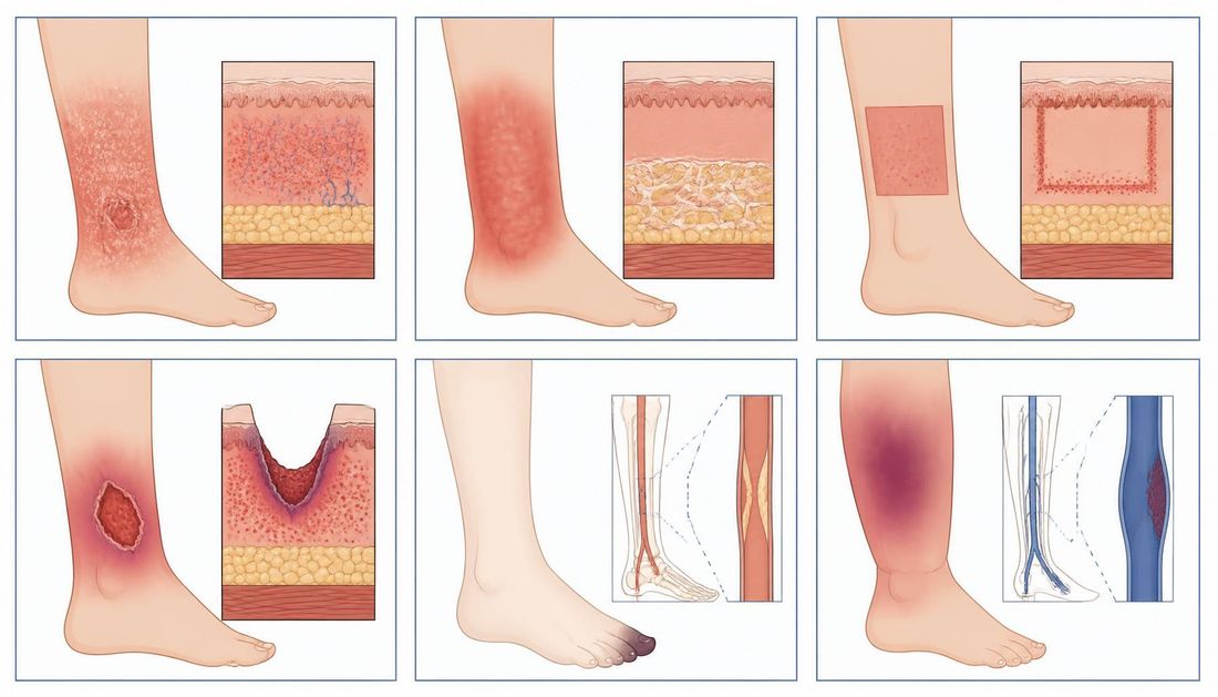 Šest polja s prikazima stanja koja mogu oponašati infekciju rane: venski dermatitis, akutna lipodermatoskleroza, kontaktni dermatitis s obrisom obloge, pioderma gangrenosum s podminiranim rubom, ishemija s hladnim blijedim stopalom i nekrozom prsta te hematom i duboka venska tromboza; uz svako polje uvećani presjek kože.