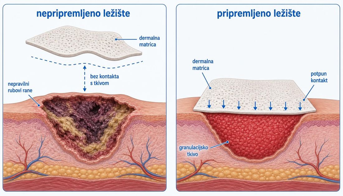 Usporedba dvaju ležišta rane: nepripremljeno ležište s nekrotičnim tkivom, fibrinom i nepravilnim rubovima gdje matrica nema kontakt s tkivom, te pripremljeno granulirajuće ležište s matricom u potpunom kontaktu.