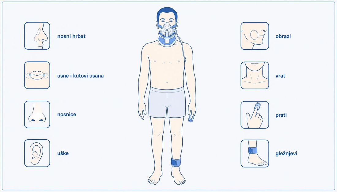 Shematski prikaz odrasle osobe s maskom za neinvazivnu ventilaciju, cervikalnim ovratnikom, nazalnom sondom, pulsnim oksimetrom na prstu i ortozom na skočnome zglobu, uz osam označenih ugroženih mjesta: nosni hrbat, usne i kutovi usana, nosnice, uške, obrazi, vrat, prsti i gležnjevi.