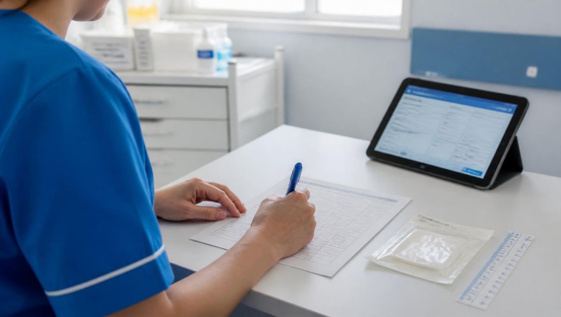 Medicinska sestra u kobaltnoj radnoj odjeći unosi nalaz u sestrinsku dokumentaciju za radnim stolom uz zaslon s obrascem, mjerilo i pakirane obloge; nema prikaza rane ni prepoznatljivih lica.
