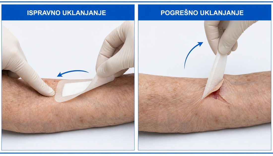 Usporedba uklanjanja obloge s podlaktice: ispravno polagano odvajanje uz podupiranje kože pod malim kutom i pogrešno naglo povlačenje prema gore koje otvara ranu.