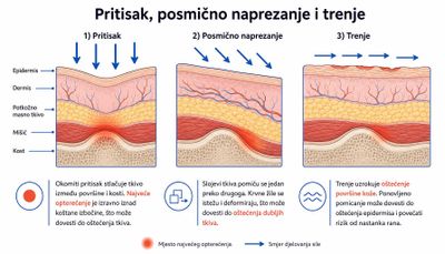Tri presjeka kože i potkožja iznad koštane izbočine: okomiti pritisak s najvećim opterećenjem uz kost, posmično naprezanje s razvlačenjem slojeva i krvnih žila te trenje s oštećenjem površine epidermisa, sa strelicama smjera djelovanja sile.
