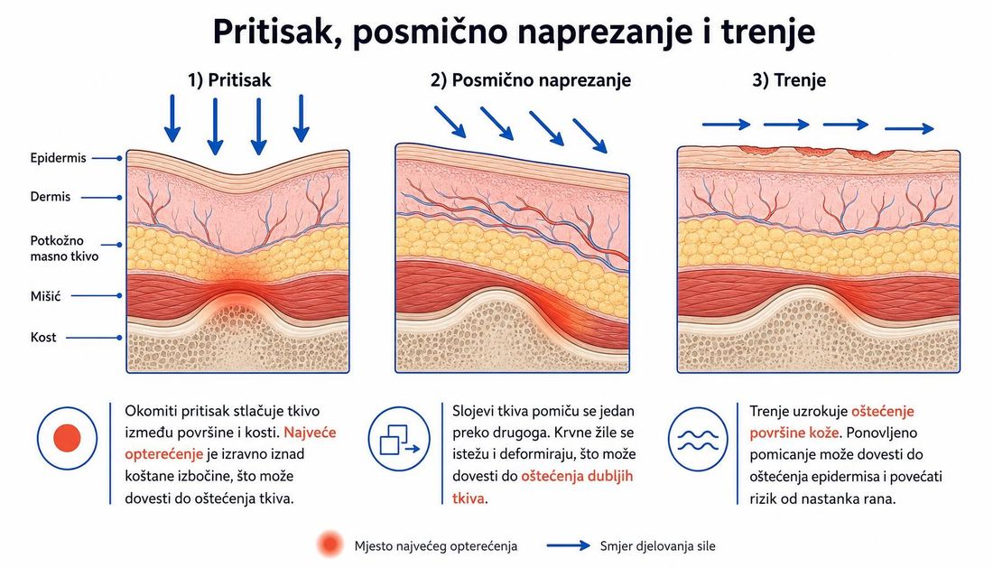 Tri presjeka kože i potkožja iznad koštane izbočine: okomiti pritisak s najvećim opterećenjem uz kost, posmično naprezanje s razvlačenjem slojeva i krvnih žila te trenje s oštećenjem površine epidermisa, sa strelicama smjera djelovanja sile.