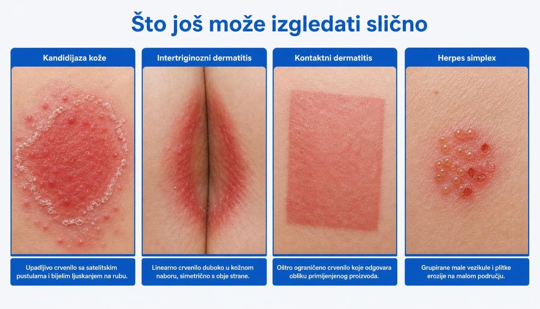 Četiri panela diferencijalne dijagnoze: kandidijaza kože sa satelitskim pustulama i bijelim ljuskanjem, intertriginozni dermatitis u kožnom naboru, kontaktni dermatitis oštro ograničen oblikom primijenjenog proizvoda i herpes simplex s grupiranim mjehurićima.