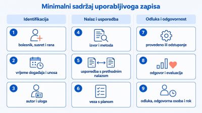 Shema minimalnoga sadržaja uporabljivoga zapisa: devet elemenata razvrstanih u identifikaciju, nalaz i usporedbu te odluku i odgovornost.