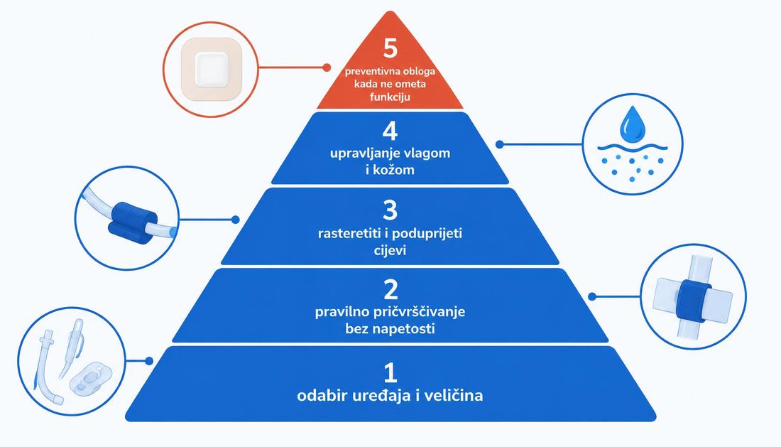 Algoritam hijerarhije prevencije ozljeda od medicinskih uređaja: procijeni potrebu, odaberi i prilagodi uređaj, zaštiti kožu, upravljaj vlagom, dokumentiraj i ponovno procijeni.