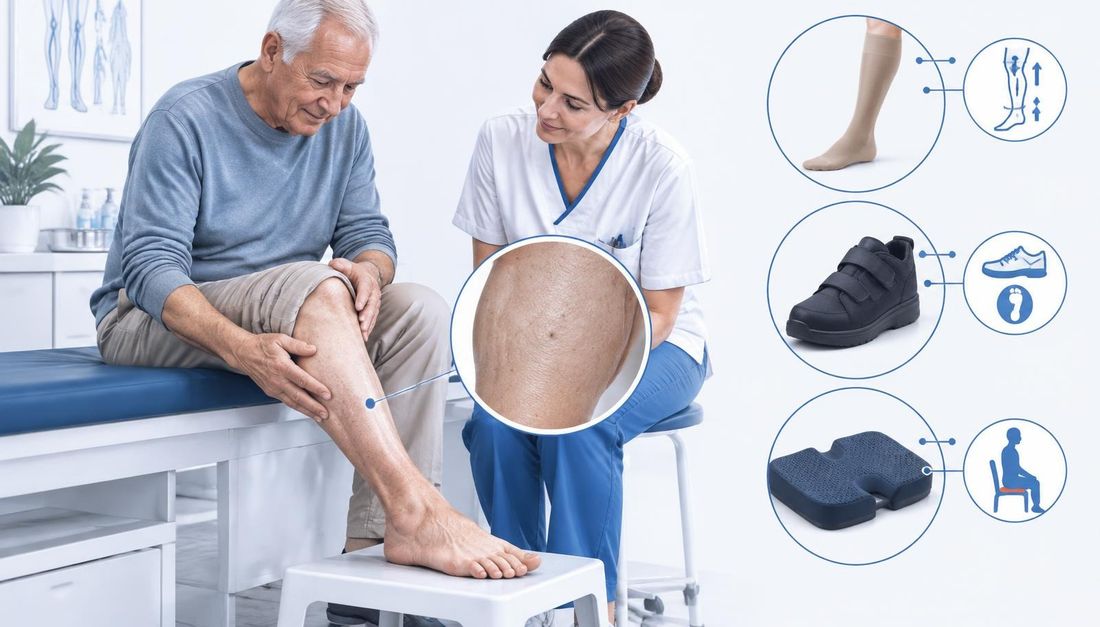 Medicinska sestra i stariji bolesnik pregledavaju zacijeljenu potkoljenicu uz prikaz kompresijske čarape, zaštitne obuće i podloge za rasterećenje