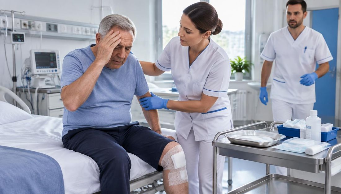 Medicinska sestra zaustavlja pripremu za previjanje i pridržava bolesnika koji je pri sjedanju osjetio omaglicu