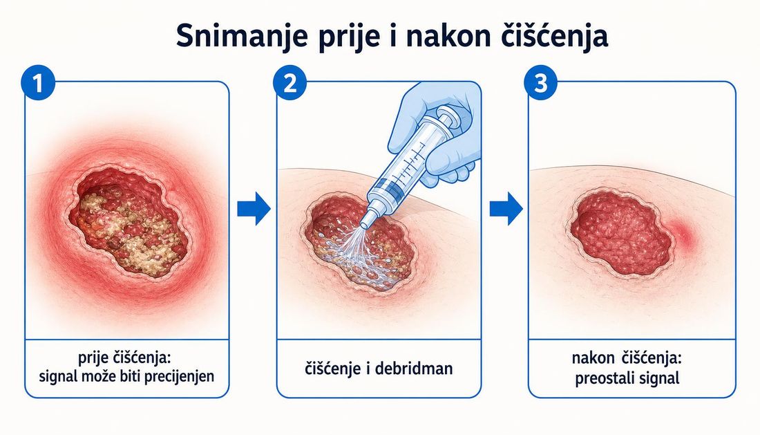 Tri koraka snimanja rane: prije čišćenja s raširenim crvenim signalom, ispiranje rane štrcaljkom u rukavici te snimanje nakon čišćenja s malim preostalim signalom na rubu rane.