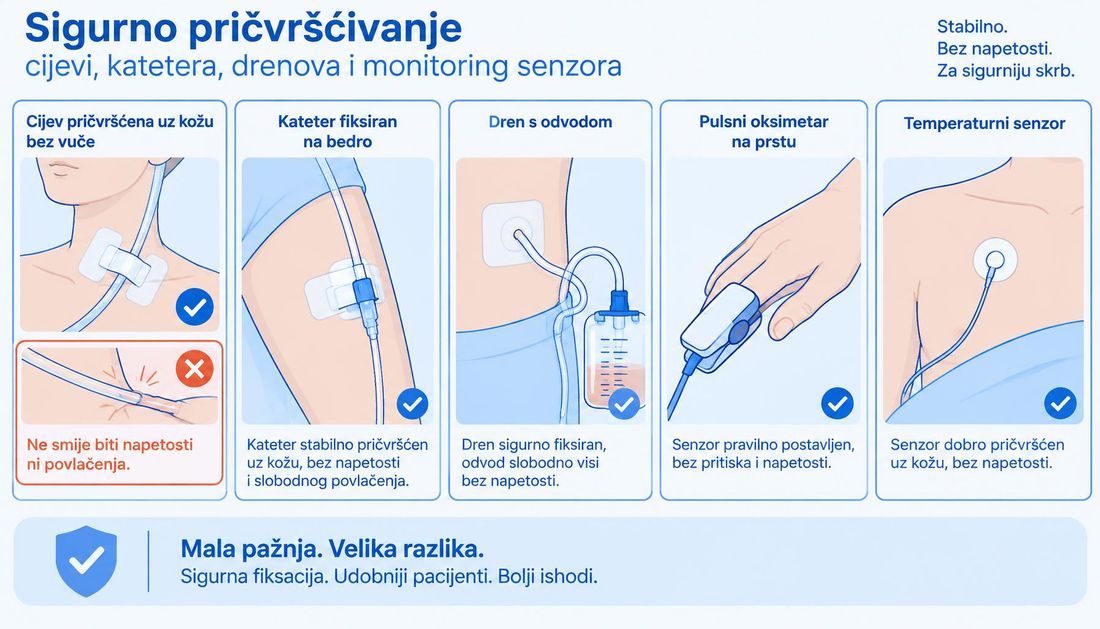 Shema pričvršćivanja cjevčica, katetera, drenova i senzora: bez napetosti, premještanje mjesta fiksacije, zaštita kože ispod priključka i kontrola vlage.