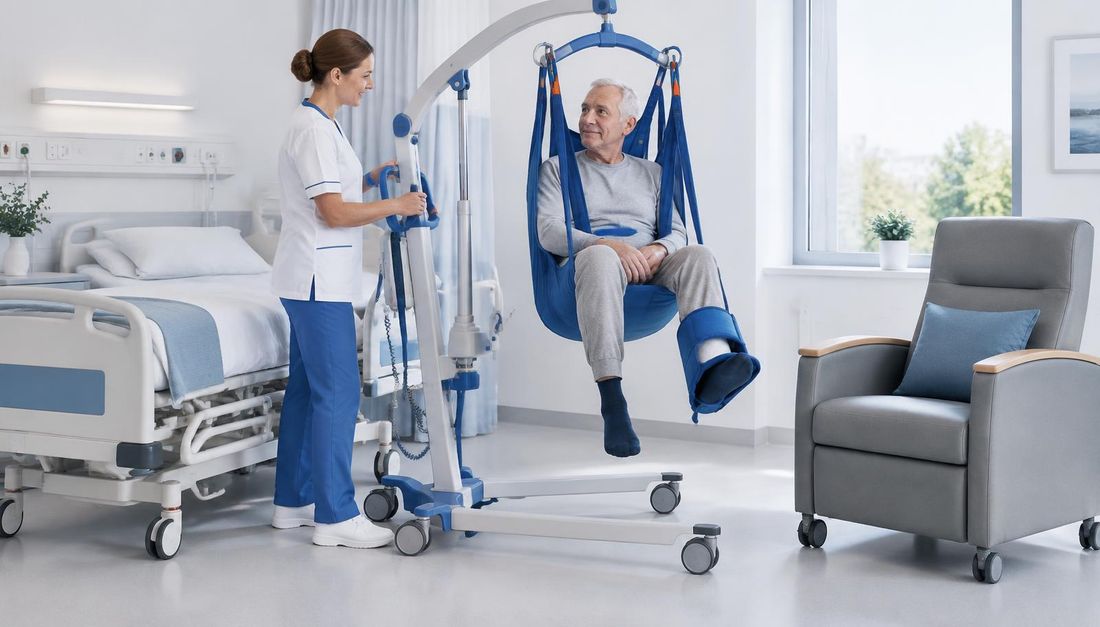 Klinička ilustracija sigurnoga premještanja bolesnika uz zaštićenu ranu potkoljenice, s pomagalom za kretanje, dostupnim pozivnim zvonom i odmaknutom petom od podloge.