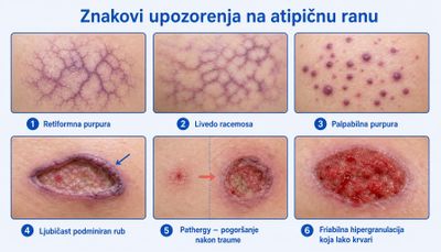 Šest prikaza kože sa znakovima upozorenja: retiformna purpura, livedo racemosa, palpabilna purpura, ljubičast podminiran rub rane, pogoršanje rane nakon manje traume i friabilna hipergranulacija koja lako krvari.