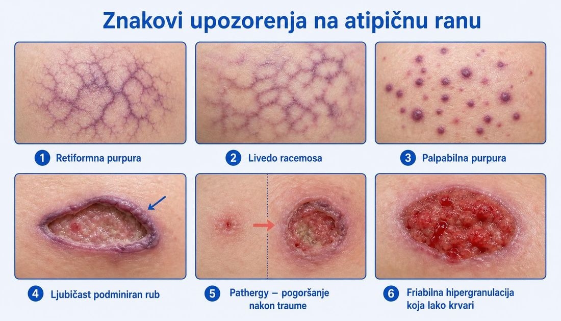 Šest prikaza kože sa znakovima upozorenja: retiformna purpura, livedo racemosa, palpabilna purpura, ljubičast podminiran rub rane, pogoršanje rane nakon manje traume i friabilna hipergranulacija koja lako krvari.
