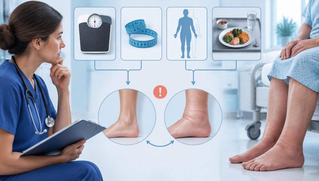 Shema probira nutritivnoga rizika prikazuje vagu, metar i promjenu tjelesne mase kao bodovane sastavnice te obrok i edem noge kao dio šire kliničke procjene.