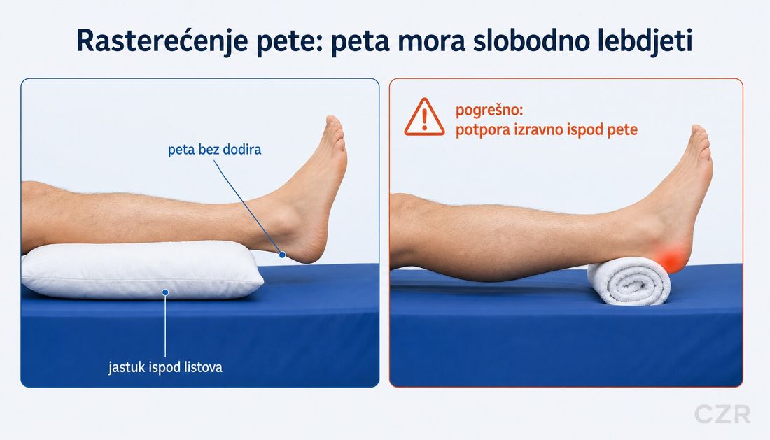 Usporedni prikaz rasterećenja pete: lijevo potkoljenica na uzdužnom jastuku ispod listova tako da peta potpuno lebdi iznad madraca, desno pogrešna potpora od savinutoga ručnika izravno ispod same pete s oznakom upozorenja i točkom pritiska.