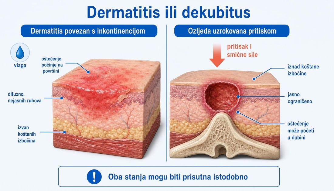 Usporedni presjeci: dermatitis povezan s inkontinencijom s difuznim oštećenjem koje počinje na površini i nejasnim rubovima te ozljeda uzrokovana pritiskom iznad koštane izbočine, jasno ograničena i s oštećenjem koje može početi u dubini.