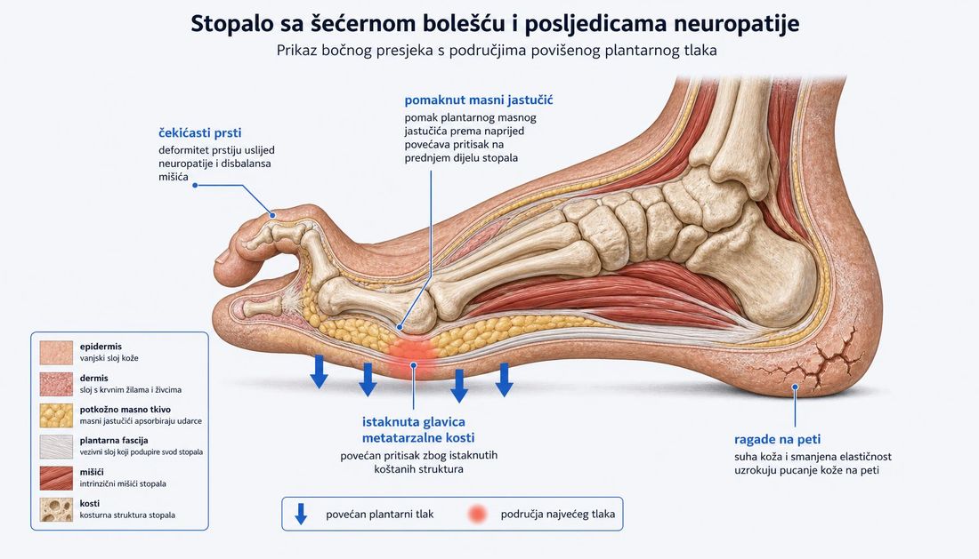 Bočni presjek neuropatskog stopala s čekićastim prstima, pomaknutim masnim jastučićem, istaknutom glavicom metatarzalne kosti i ragadama na peti.