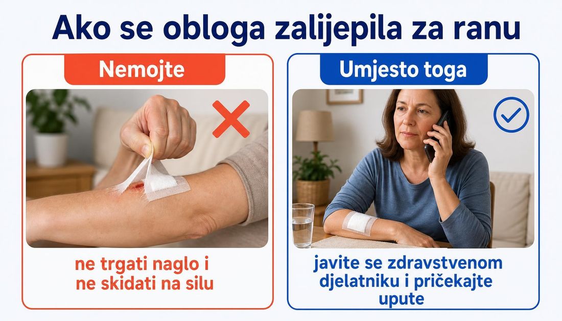 Prikaz za pacijente: pogrešno naglo trganje obloge zalijepljene za ranu i ispravno postupanje u kojem obloga ostaje na mjestu, a osoba telefonom zove zdravstvenoga djelatnika i čeka uputu.