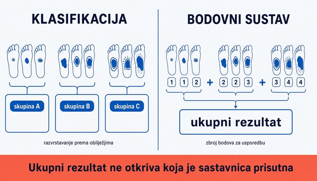 Shema u dva stupca: klasifikacija razvrstava ulkuse u skupine, a bodovni sustav daje ukupni rezultat koji ne otkriva pojedinu sastavnicu.