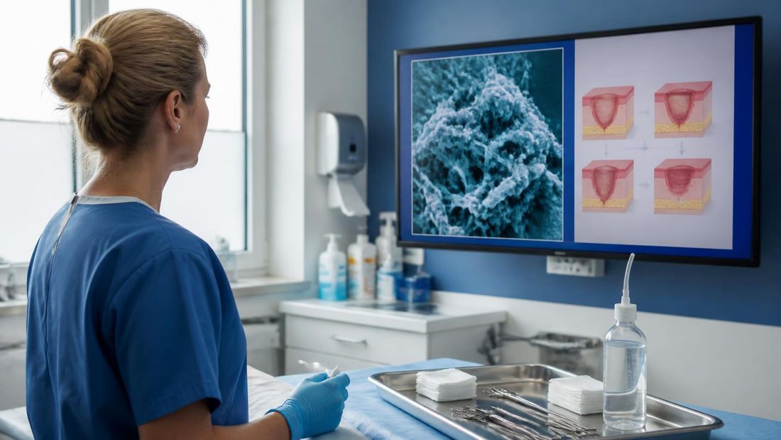 Klinička scena zbrinjavanja kronične rane u ambulanti, uz mikroskopski prikaz mikrobnog biofilma na monitoru u pozadini.