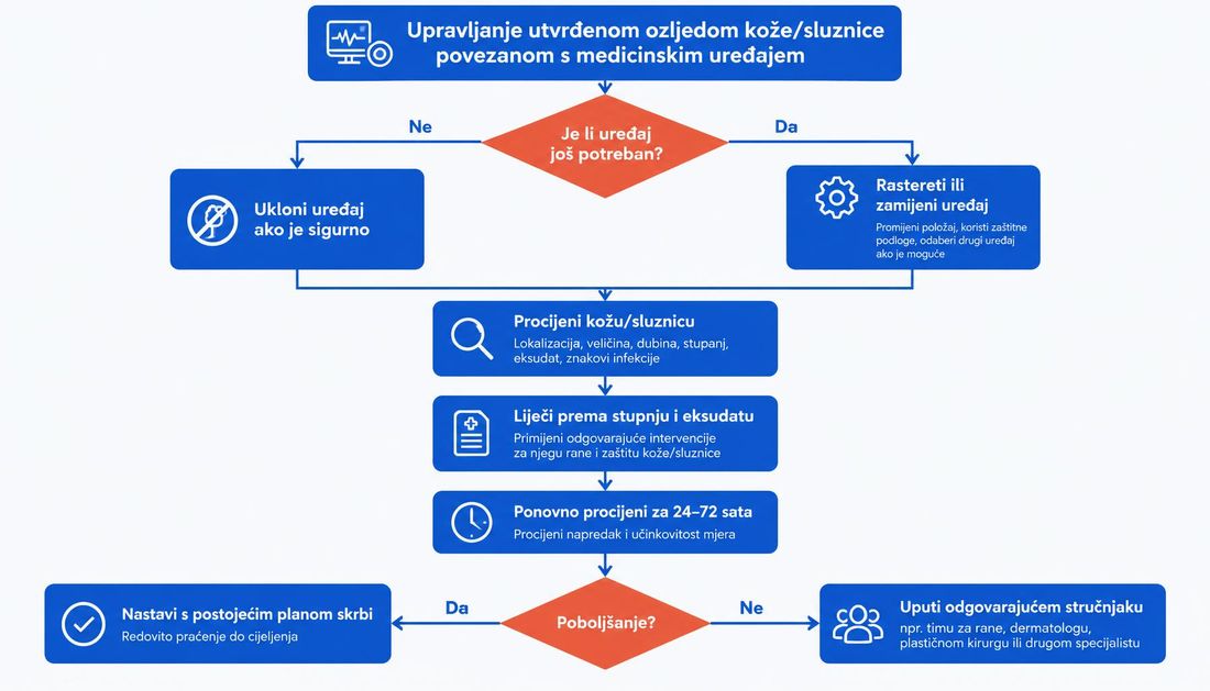 Klinički algoritam liječenja ozljede od medicinskog uređaja: procijeni potrebu za uređajem, ukloni ako je moguće, rastereti i promijeni položaj, zaštiti kožu, upravljaj infekcijom i ponovno procijeni u 24–72 sata.