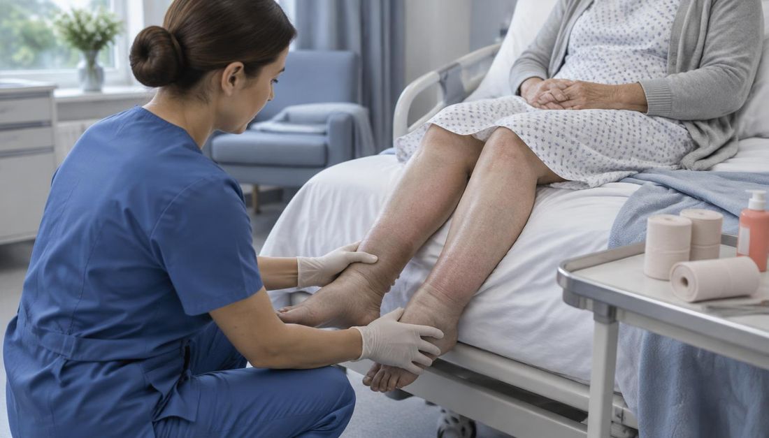 Medicinska sestra procjenjuje potkoljenice starije osobe koja sjedi u polusjedećem položaju, uz pripremljene kompresijske zavoje na kolicima.