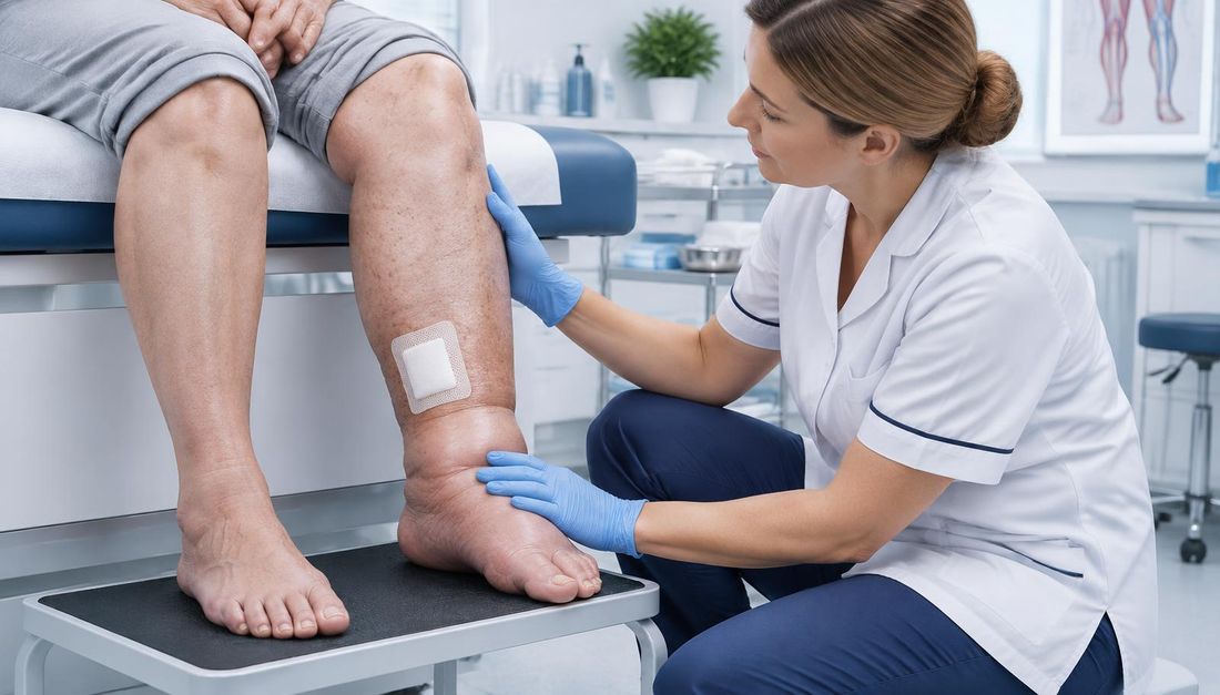 A nurse assesses the entire swollen lower limb and a chronic wound on the lower leg