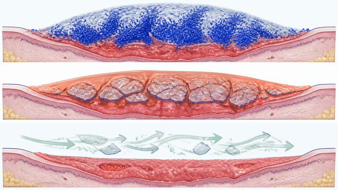 Shema u tri stupnja: zreli matriks biofilma na ležištu rane, njegovo pucanje pri kontaktu s kemijskim sredstvom i preostale mikrokolonije u pukotinama tkiva nakon ispiranja.