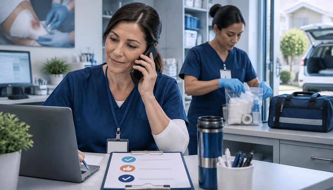 Medicinska sestra koordinatorica telefonom potvrđuje zadaću dok druga sestra priprema zatvoreni pribor za kućni posjet