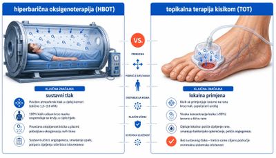 Usporedba hiperbarične oksigenoterapije u komori i topikalne terapije kisikom na stopalu, s razlikom sustavnog i lokalnog djelovanja.