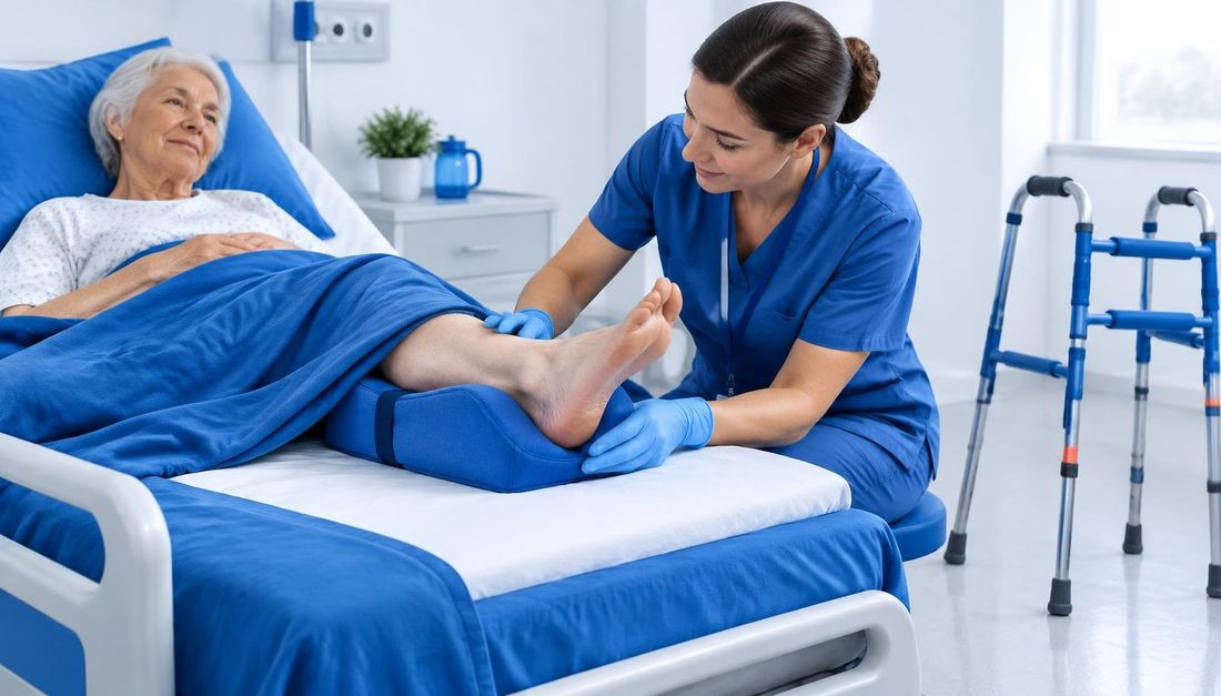 Medicinska sestra provjerava rasterećenu petu starije bolesnice dok je pomagalo za hodanje spremno uz krevet