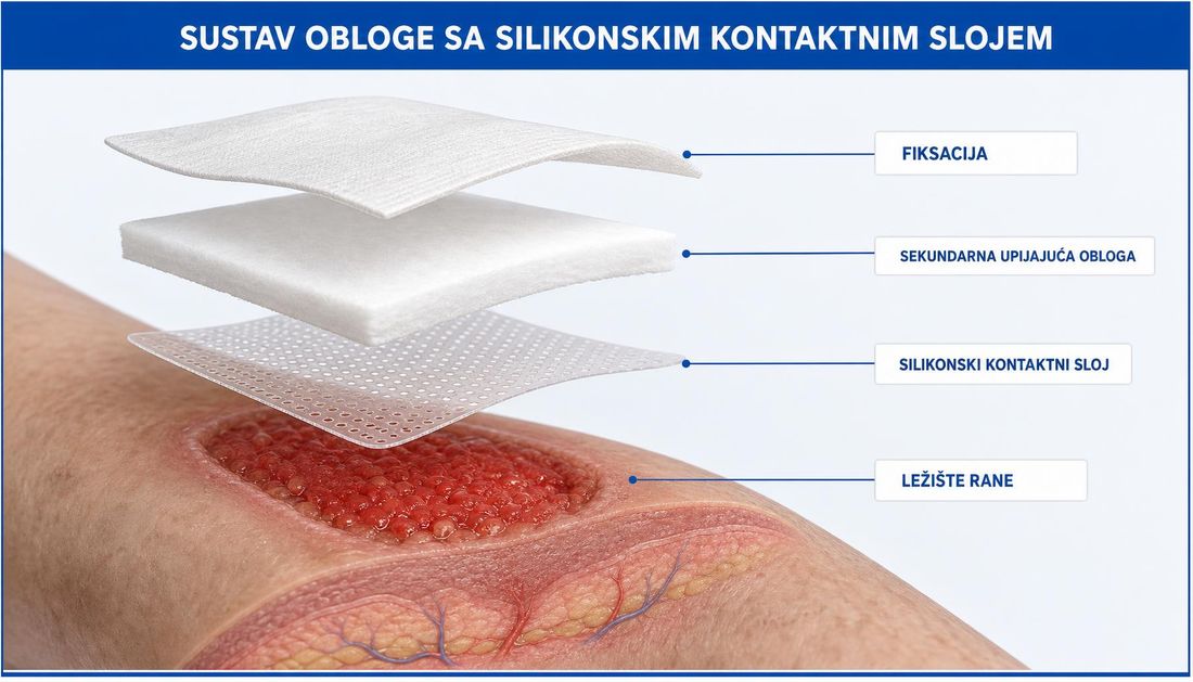 Rastavljeni prikaz sustava obloge iznad rane: ležište rane, silikonski kontaktni sloj s perforacijama, sekundarna upijajuća obloga i vanjska fiksacija, svaki sloj označen hrvatskim nazivom.