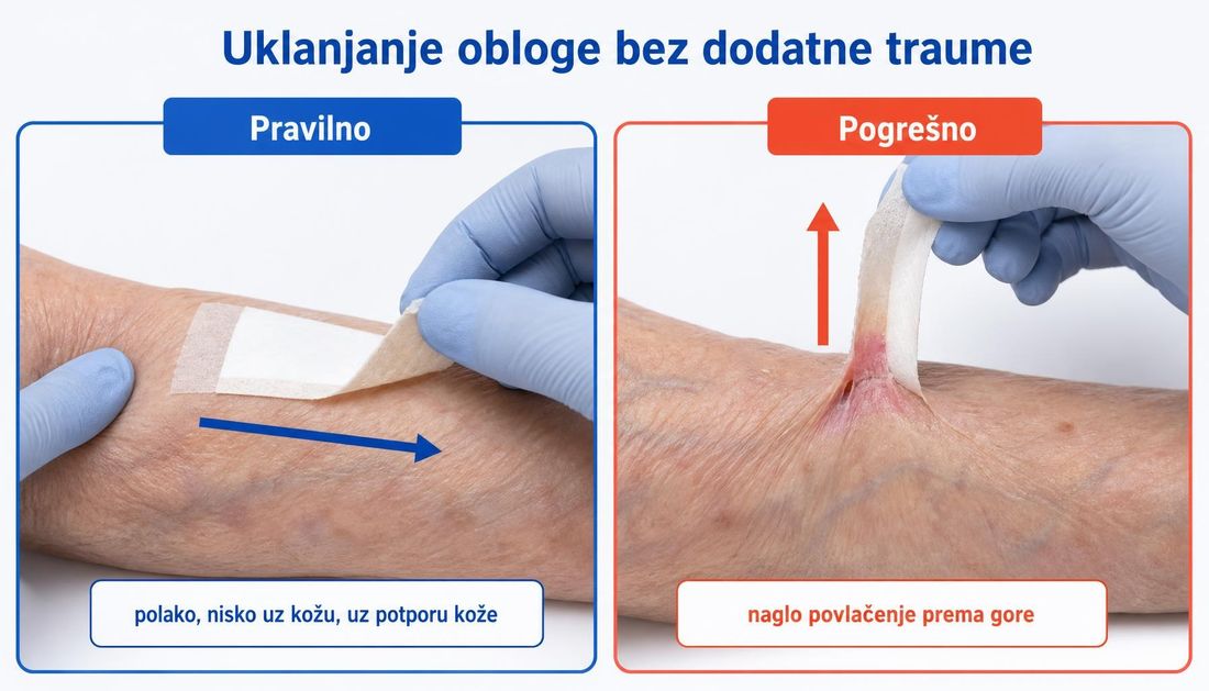 Usporedba tehnike uklanjanja obloge: lijevo se obloga odvaja polako, nisko uz kožu i uz potporu okolne kože, desno se naglo povlači prema gore i podiže epidermis.
