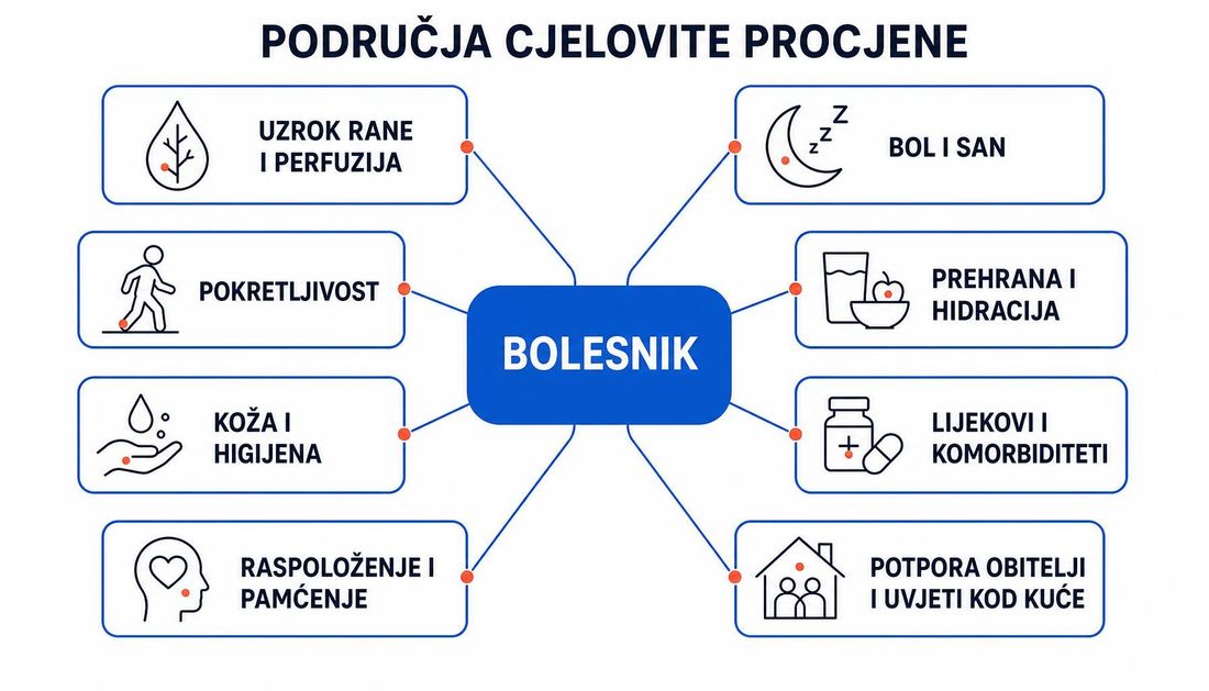 Shema područja cjelovite procjene bolesnika s kroničnom ranom: u središtu bolesnik, oko njega uzrok rane i perfuzija, bol i san, pokretljivost, prehrana i hidracija, koža i higijena, lijekovi i komorbiditeti, raspoloženje i pamćenje te potpora obitelji i uvjeti kod kuće.