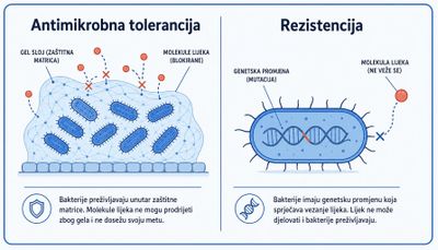 Usporedna shema u dva stupca: antimikrobna tolerancija u kojoj zaštitni matriks blokira molekule lijeka i rezistencija u kojoj genetska promjena bakterije onemogućuje vezanje lijeka.
