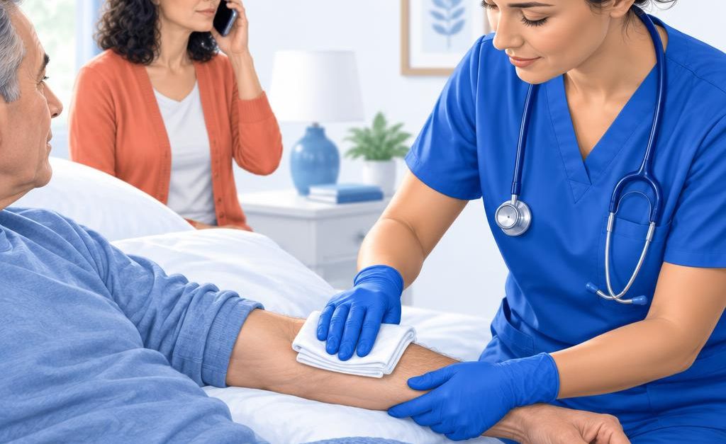 Medicinska sestra pritišće mjesto vanjskog krvarenja oblogom, dok druga osoba telefonom poziva pomoć