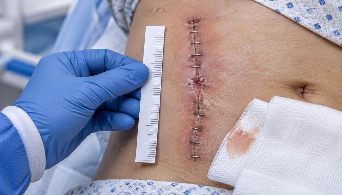 Medicinska sestra u rukavici drži papirnatu mjericu uz uzdužnu inciziju sa spajalicama na kojoj je jedan segment razmaknut i vlaži ružičastom tekućinom