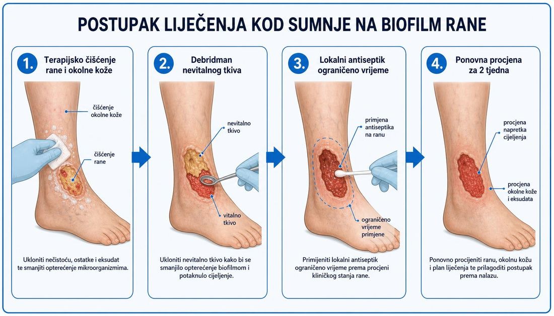 Četiri numerirana koraka s hrvatskim oznakama: terapijsko čišćenje rane i okolne kože, debridman nevitalnog tkiva, lokalni antiseptik ograničeno vrijeme i ponovna procjena za dva tjedna, prikazani na potkoljenici i stopalu.