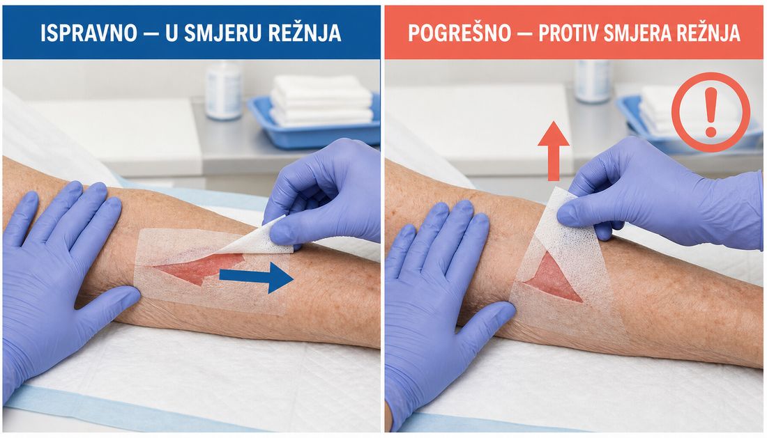 Usporedba uklanjanja obloge s podlaktice: ispravno polagano odvajanje u smjeru kožnoga režnja uz podupiranje kože i pogrešno povlačenje protiv smjera režnja.