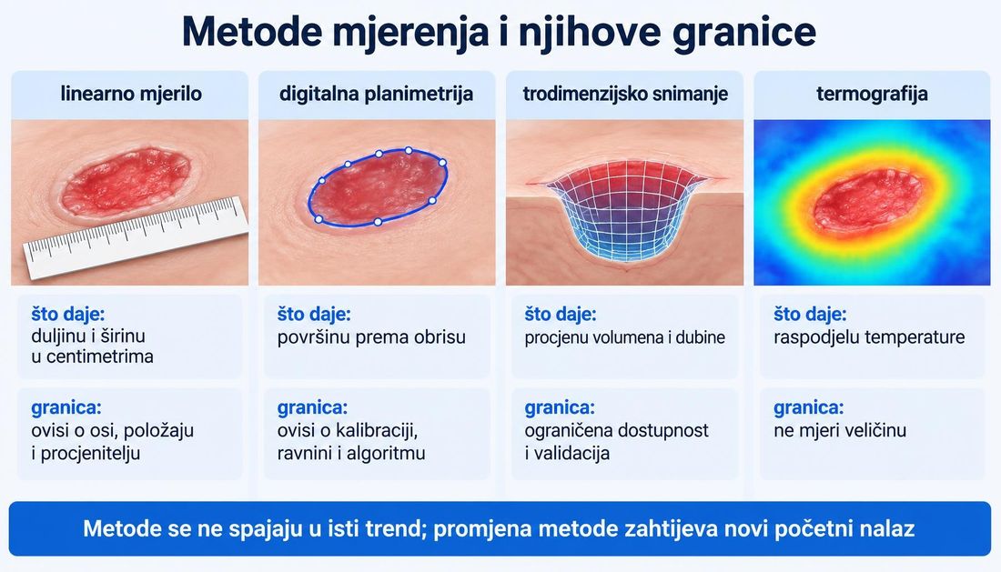 Usporedna shema četiriju metoda mjerenja rane: linearno mjerilo, digitalna planimetrija, trodimenzijsko snimanje i termografija, s redovima što daje i granica.