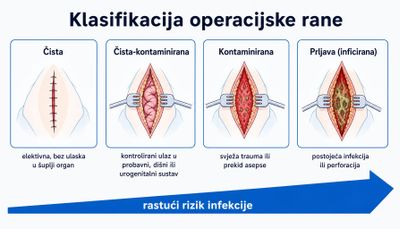 Shema četiriju klasa operacijske rane s hrvatskim oznakama: čista, čista-kontaminirana, kontaminirana i prljava odnosno inficirana rana, uz strelicu rastućega rizika infekcije.